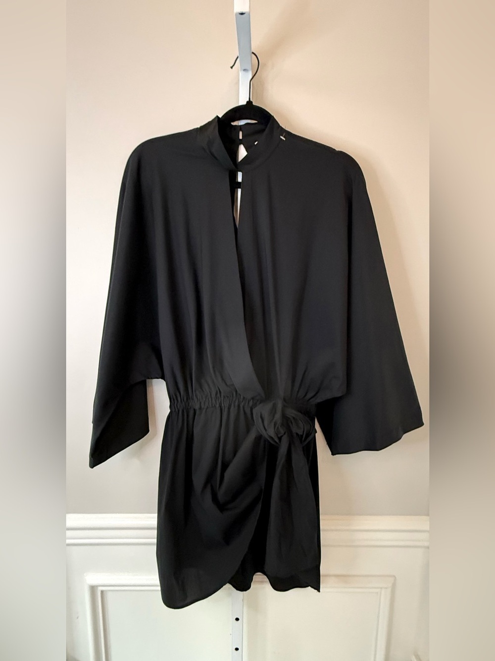 Secular Black Faux Wrap Mini Dress Tie Waist Long Sleeve Kimono Size M